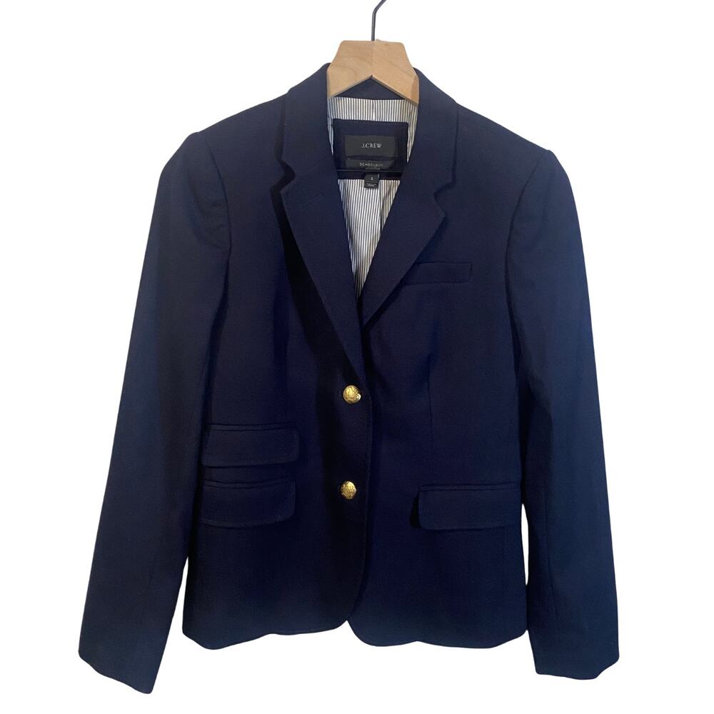 J. Crew Schoolboy Blazer Navy Blue Two-Button Closure Lined Wool Blend Sz 2